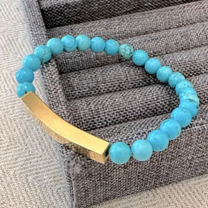 Natural Turquoise Beaded 18k PVD Stainless Steel Bar Stretch Bracelet Waterproof